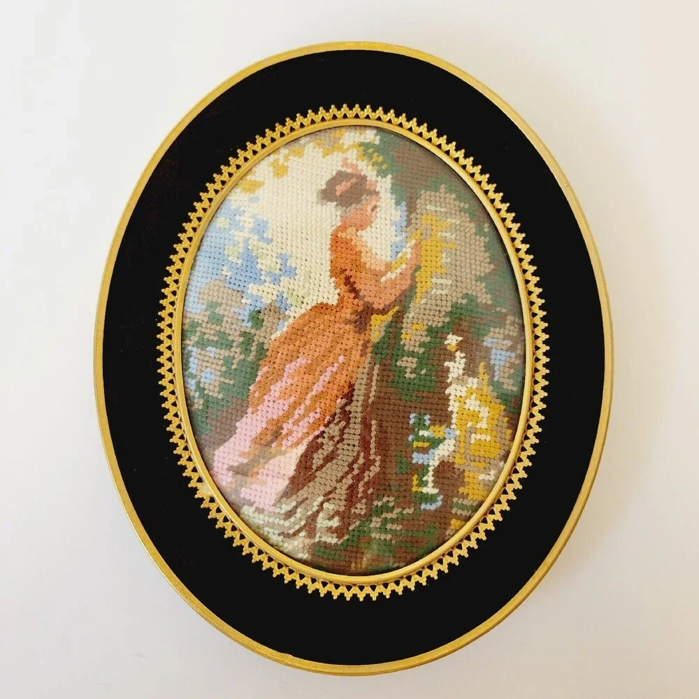 Vintage Needlepoint  Handmade Women With Dog Velvet And Brass Ormolu Wood Frame